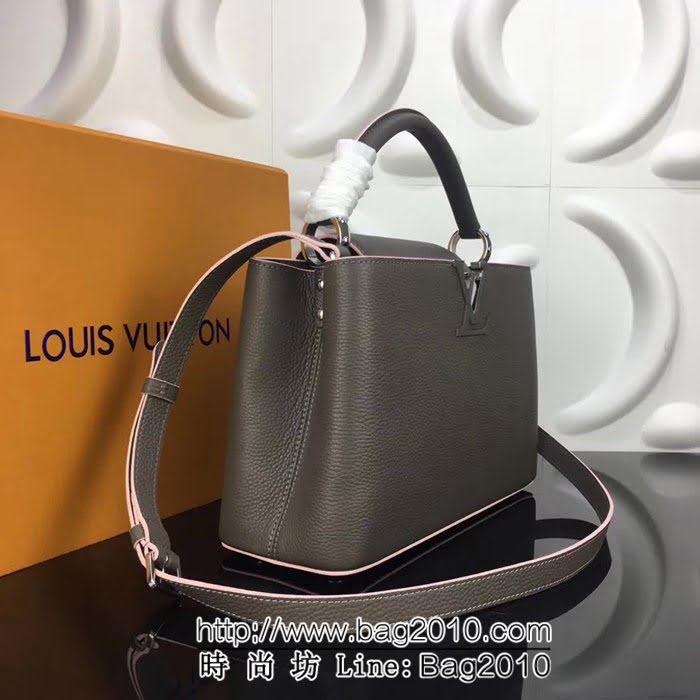 路易威登LV頂級原單M48864鐵灰粉邊經典Capucines中號牛皮手提斜挎包 YDH1698